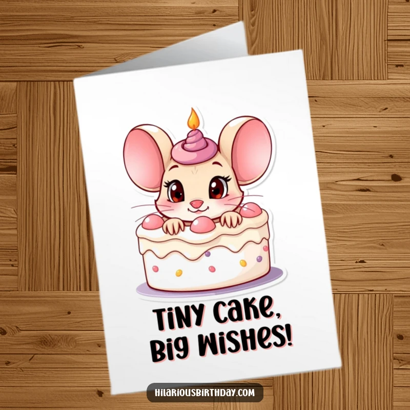 Funny Free Printable Birthday Card: A curious mouse with wide eyes peeks out of a birthday cake, full of wonder.