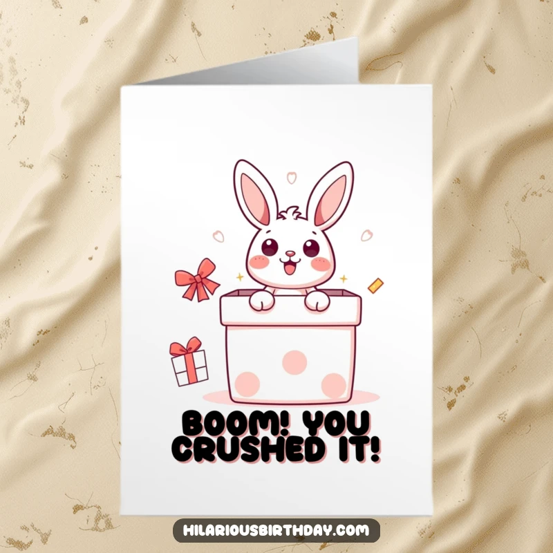 Funny Free Printable Congratulations Card: Surprised Kawaii bunny bursting out of a giant gift box, celebrating success.