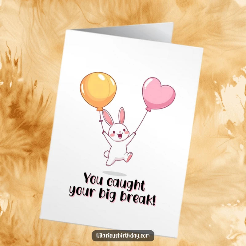 Funny Free Printable Bunny Congratulations Card: An excited bunny jumping high to catch a balloon, celebrating a win.