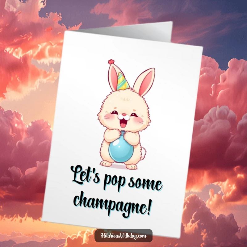 Funny free printable congratulations card showing a bunny in a party hat joyfully popping a balloon to celebrate an accomplishment.