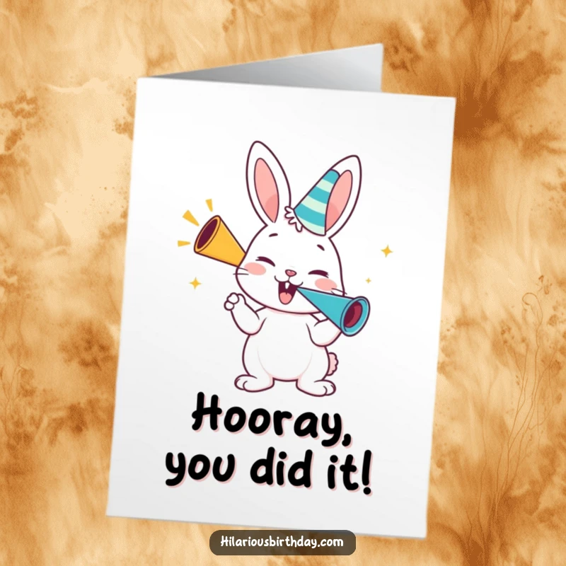 Funny Free Printable Congratulations Card: A happy bunny energetically blows a party horn, signaling a moment of enthusiastic celebration.