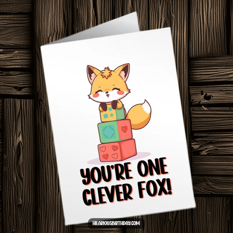 Funny Free Printable Congratulations Card: A giggling fox, stacking blocks precariously, celebrating your daring success.