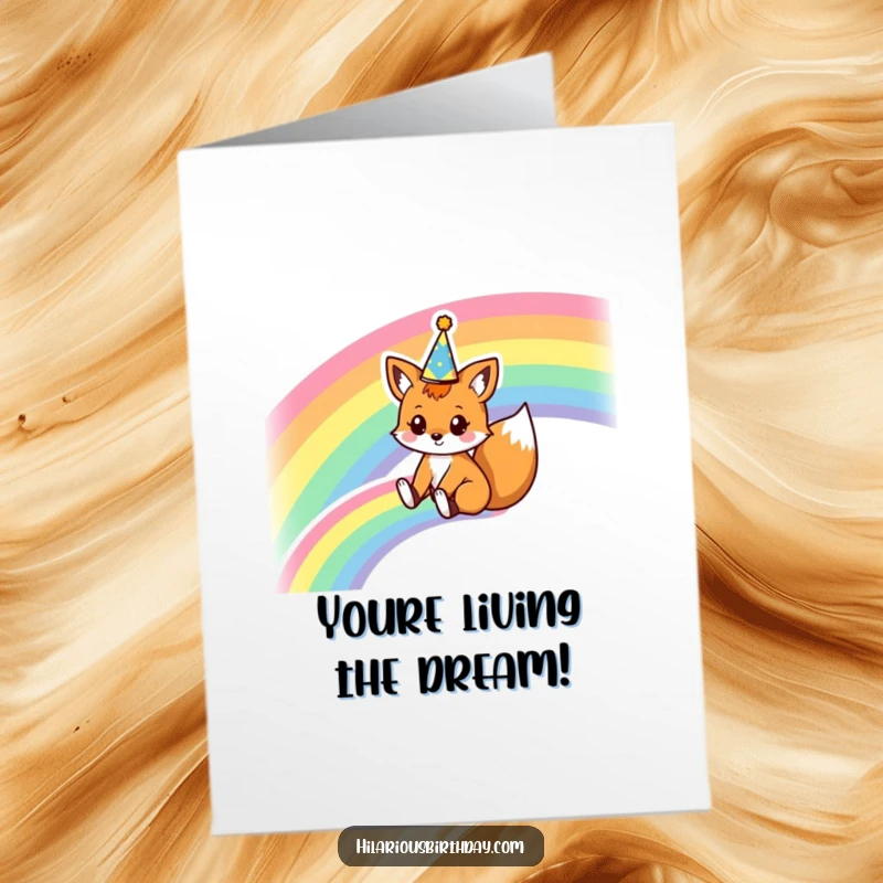 Funny Free Printable Congratulations Card: Adorable kawaii fox in a party crown, having a thrilling ride down a colorful rainbow.