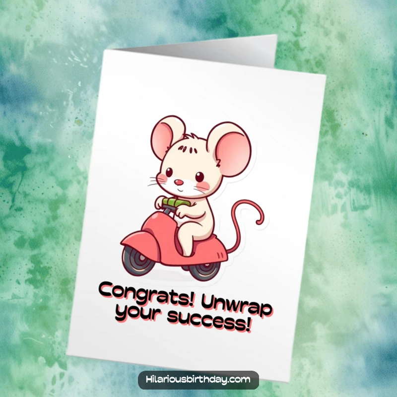 Funny Free Printable Congratulations Card: A cute kawaii mouse joyfully rides a gift as it unwraps, celebrating new beginnings.