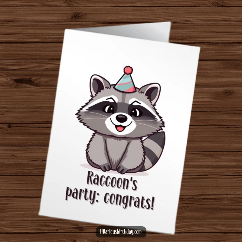 Funny Free Printable Congratulations Card shows a cheerful raccoon wearing a ridiculously silly party hat, ready to party and celebrate.