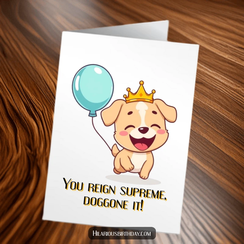 Funny Free Printable congratulations card of a giggling dog wearing a crown, gleefully chasing a floating balloon.