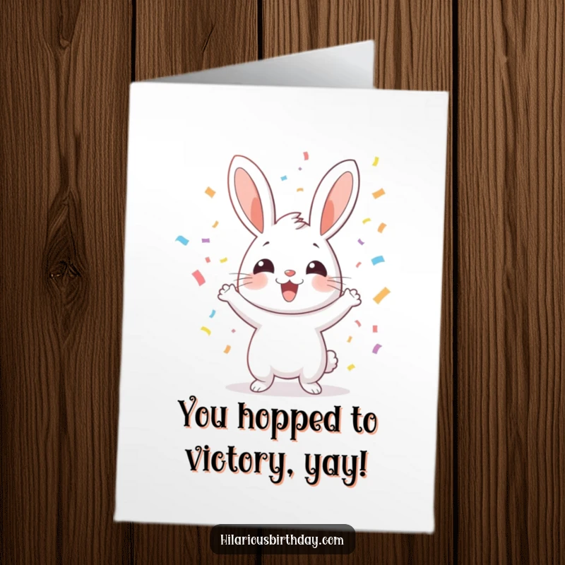 Funny Free Printable Congratulations Card showing a delighted rabbit joyfully tossing a cascade of colorful confetti.