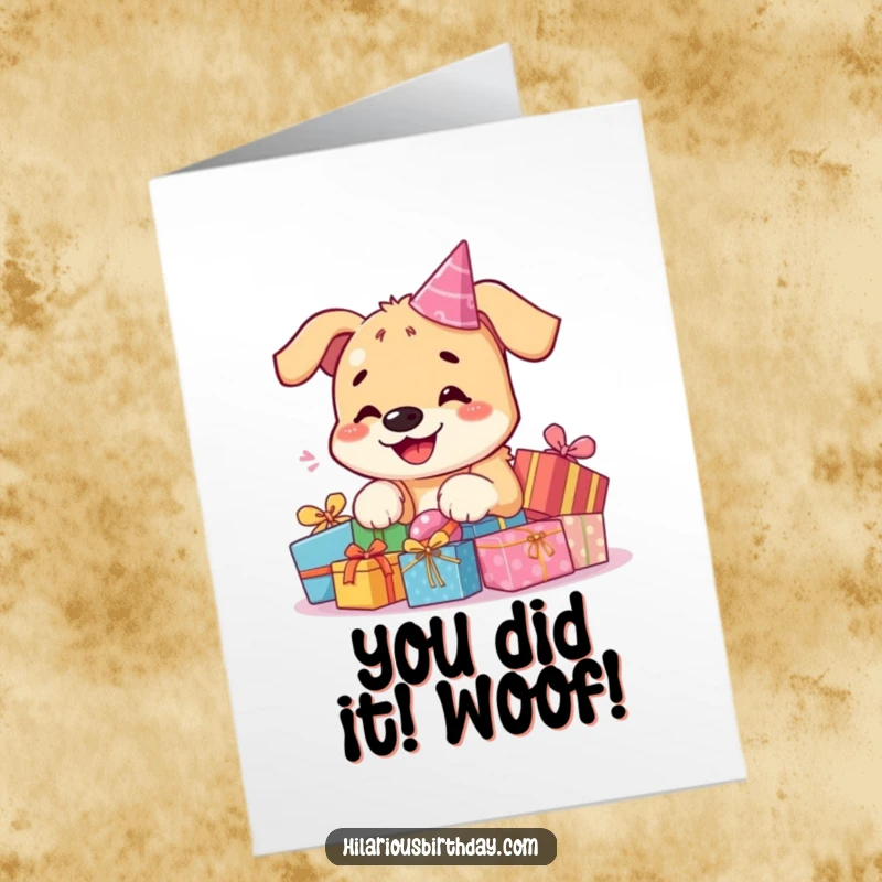 Funny Free Printable Congrats Card: Adorable kawaii dog surrounded by gift boxes, expressing pure delight and celebration.