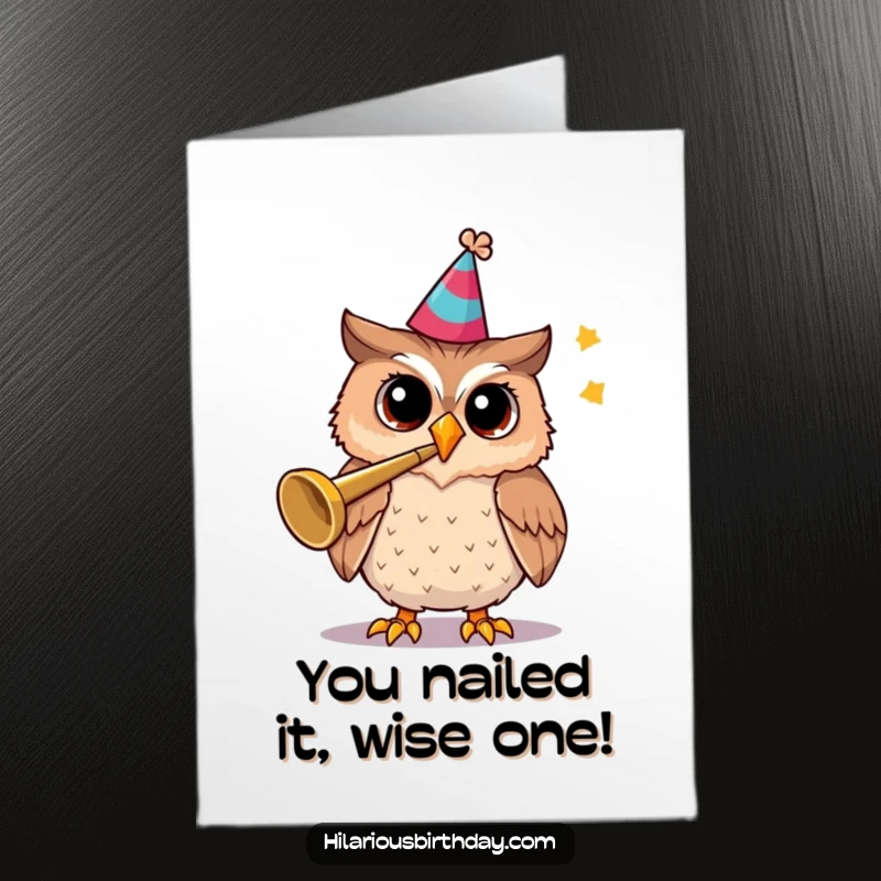 Funny Free Printable Congratulations Card: A cheerful owl in a party hat, blowing a trumpet to celebrate your fantastic news.