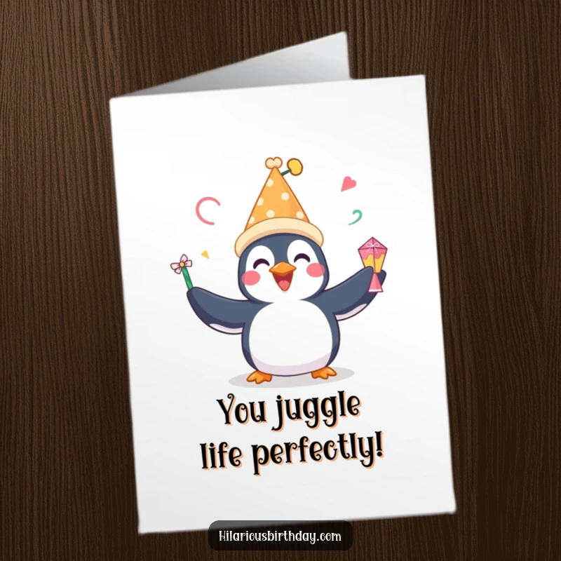 Funny Free Printable Congratulations Card: A happy penguin in a party hat gleefully juggling various party favors, a fun downloadable gift.