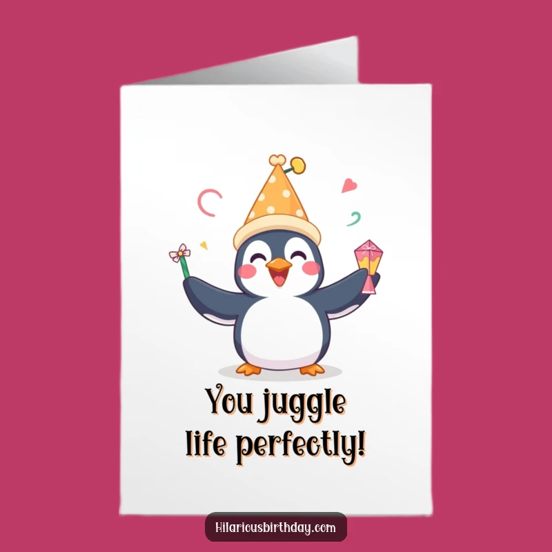 Free Printable Congrats Card: Penguin's Festive Juggling, Joyful Downloadable Gift
