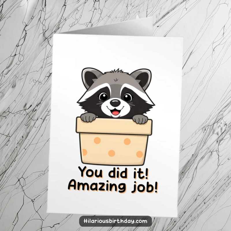 Funny Free Printable Congratulations Card: Raccoon popping out of a gift box, eyes wide with excitement for your success.