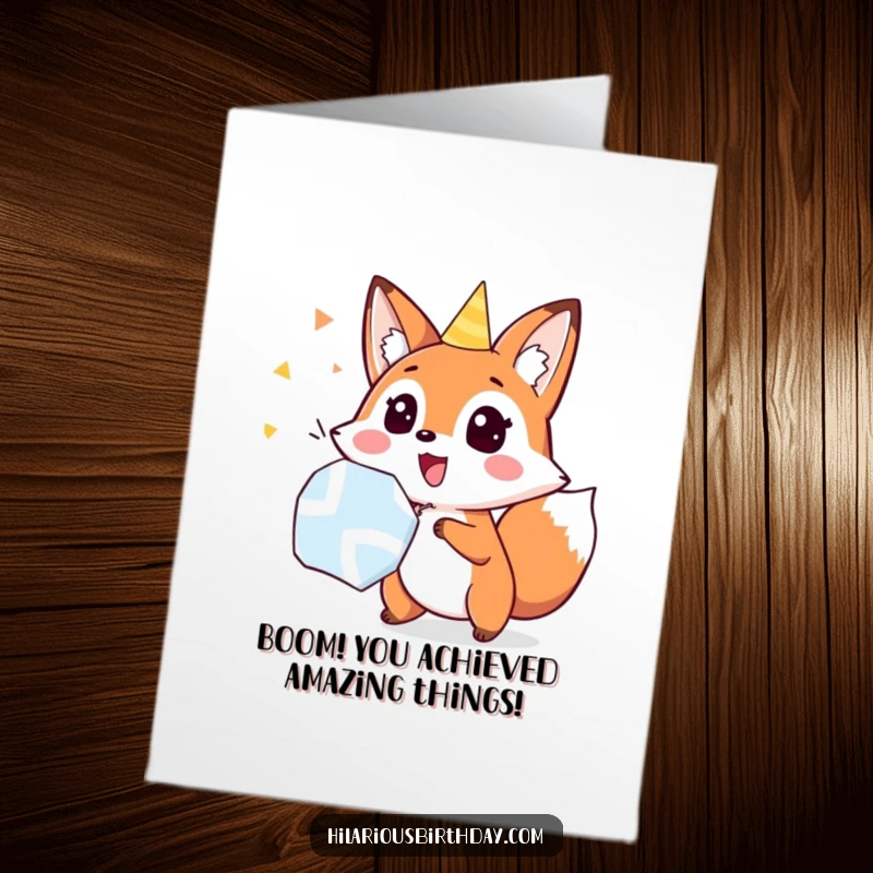 Funny Free Printable Congratulations Card with a fox reacting with surprise to a bursting party popper.