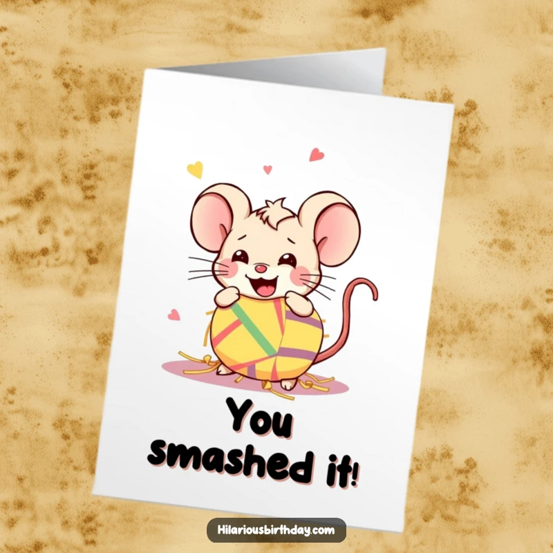 Funny Free Printable Congratulations Card: A playful Kawaii mouse joyfully destroying a piñata in celebration.