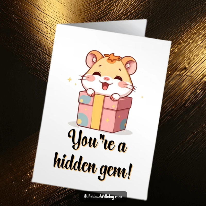 Funny Free Printable Hamster Congratulations Card: A giggling hamster is hiding inside a gift box, celebrating your success.