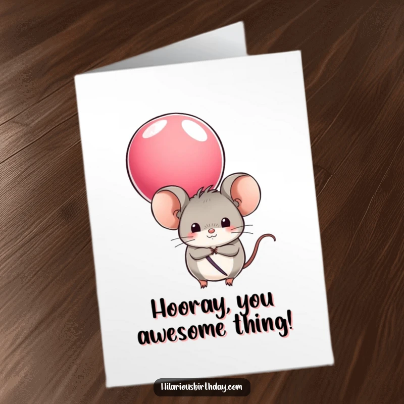 Funny Free Printable Congratulations Card with a round mouse character peeking from behind a colorful balloon, symbolizing happy surprises.