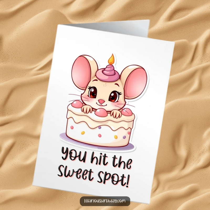Funny Free Printable Congratulations Card: A curious mouse with wide eyes peeks out of a birthday cake, celebrating success.