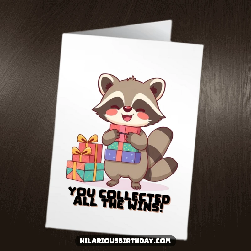 Funny Free Printable Raccoon Congratulations Card: A joyful raccoon balances a stack of presents, celebrating your success.