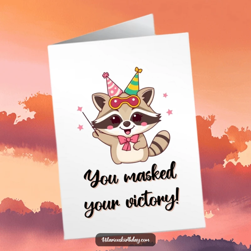 Funny Free Printable Congratulations Card: A delighted raccoon in a party mask juggles party hats, celebrating achievements.