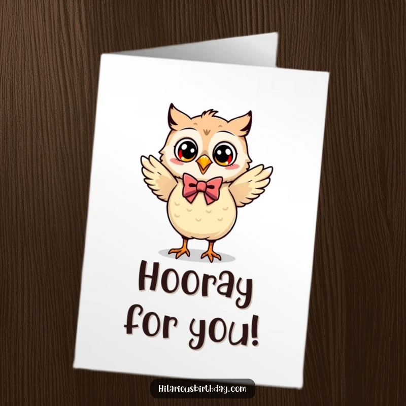 Funny Free Printable Congratulations Card: Cute Kawaii owl in a bow tie, enthusiastically dancing to celebrate.