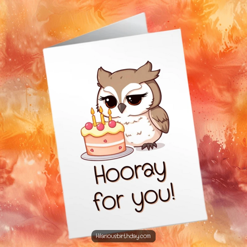 Funny Free Printable Congratulations Card: An owl with intense focus studies a whimsical birthday cake, celebrating smarts and success.