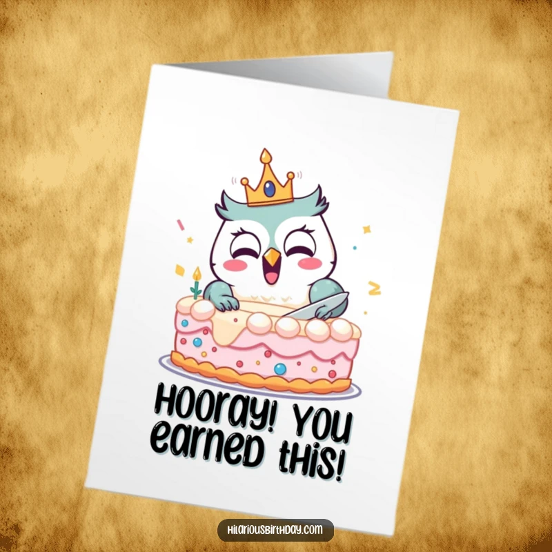 Funny Free Printable Congratulations Card: An owl wearing a crown joyfully cuts a massive cake, a celebratory downloadable gift.