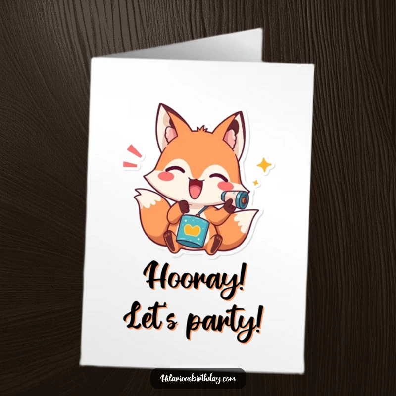 Funny Free Printable Congratulations Card featuring a playful fox energetically shaking a noisemaker, symbolizing joyous celebration.