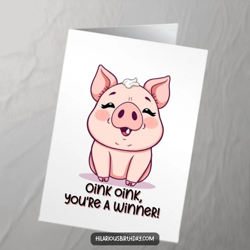 Funny Free Printable Congrats Card: A kawaii pig with a frosting-smeared nose, celebrating your achievement.