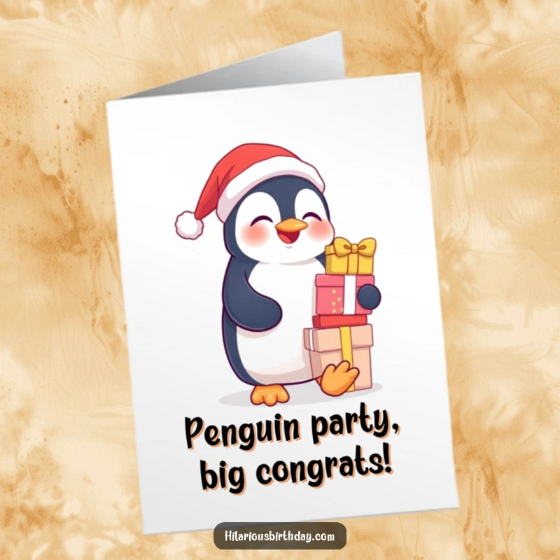 Funny Free Printable Congratulations Card: Giggling penguin stacked high with gifts, symbolizing abundant success and joy for any occasion.