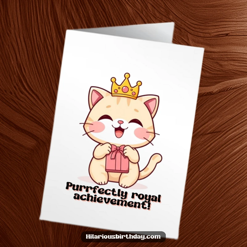 Funny Free Printable Congratulations Card: A delighted cat in a tiny crown, holding a gift bag, celebrating your amazing achievement.