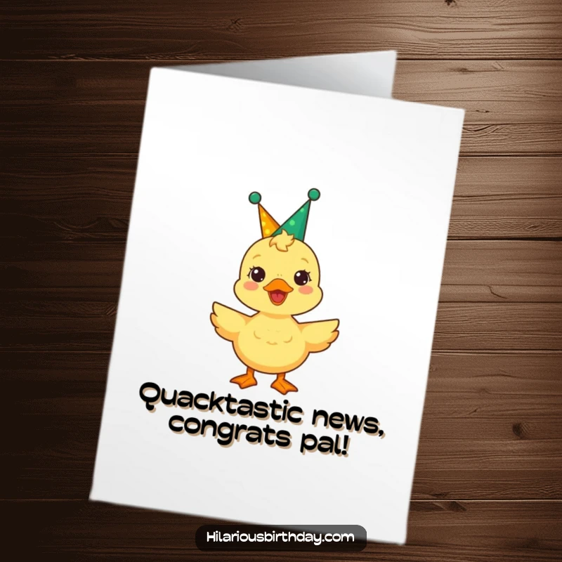 Funny Free Printable Congratulations Card: Joyful duckling in a party crown, quacking exuberantly to celebrate a fantastic achievement.