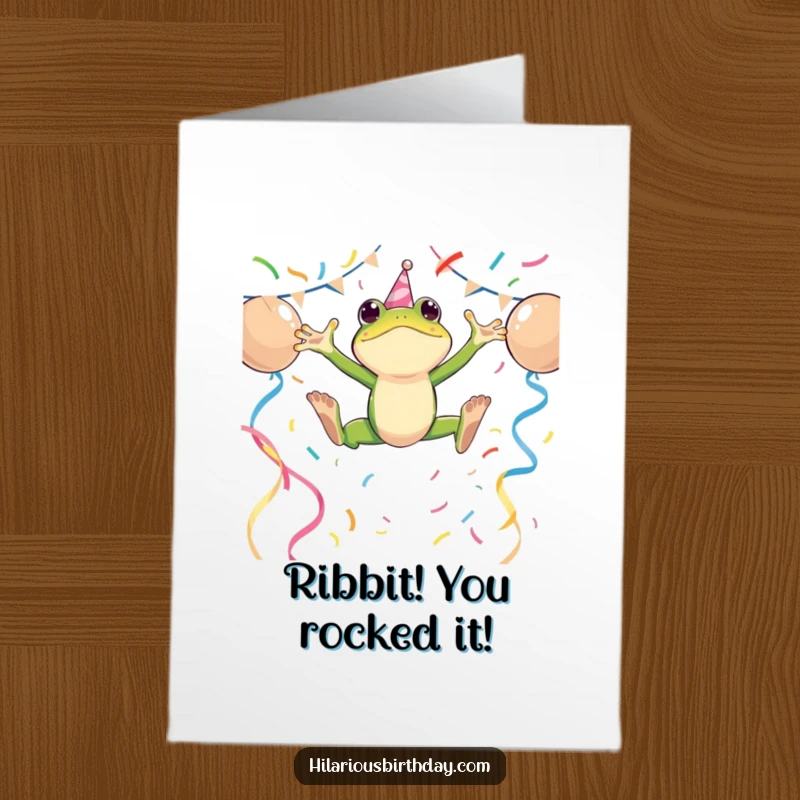Funny Free Printable Congratulations Card featuring an energetic frog character leaping over party streamers, symbolizing triumphant success.