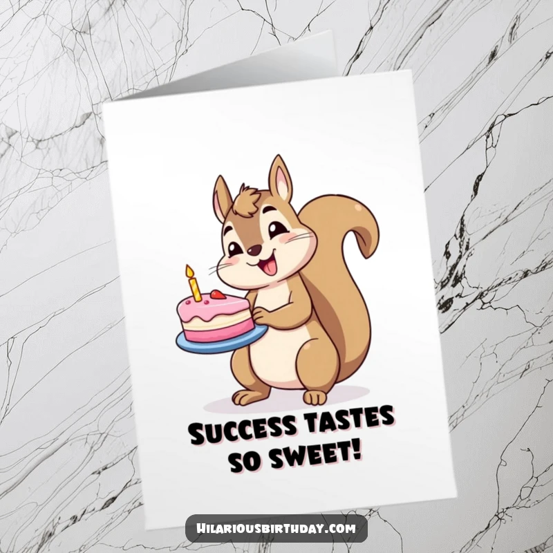 Funny Free Printable Congratulations Card with a jolly squirrel character balancing a slice of cake, representing sweet success.