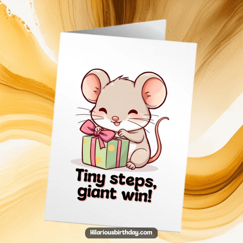 Funny Free Printable Congrats Card: A kawaii mouse excitedly opening a small, wrapped gift to celebrate.