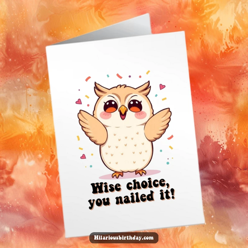 Funny Free Printable Congrats Card: Kawaii owl enthusiastically throwing confetti to celebrate your big win.