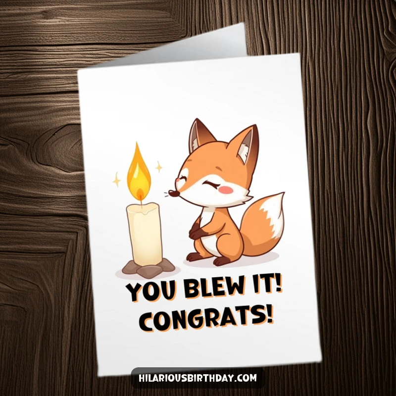Funny Free Printable Congratulations Card depicts a persistent fox bravely attempting to extinguish an oversized birthday candle with great determination.