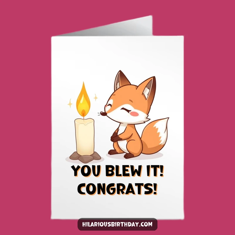 Free Printable Congrats Card: Funny Fox Tackling Big Candle - Instant Download