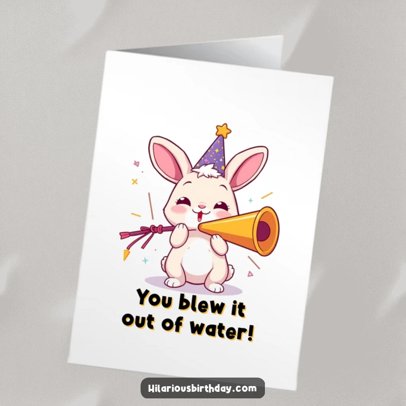 Funny Free Printable congratulations card of a playful rabbit in a sparkly hat, joyfully blowing a giant party horn.