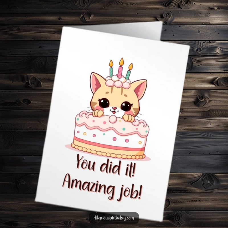 Funny Free Printable Congratulations Card: Playful cat popping out from behind a cake, celebrating your win.