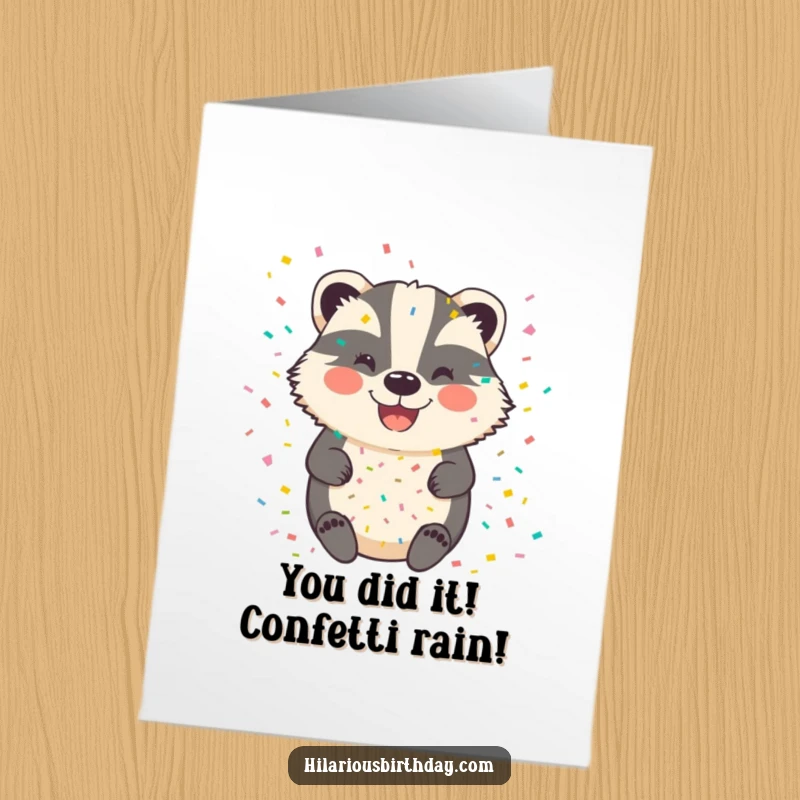 Funny Free Printable Congratulations Card showcases a badger covered in confetti, celebrating any achievement with a big, hilarious smile.