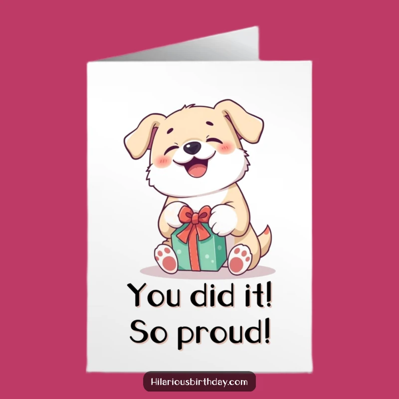 Free Printable Kawaii Dog Congratulations Card: Joyful Pup's Gift Unwrapping Downloadable