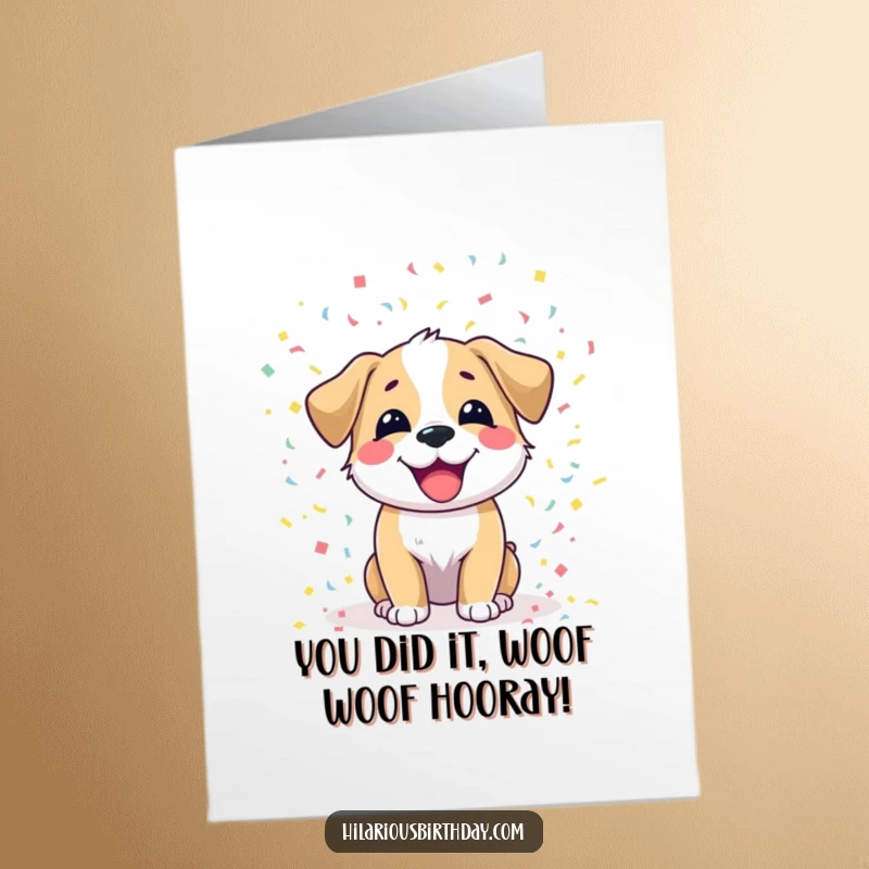Funny free printable congratulations card with a joyful dog tossing vibrant confetti, celebrating achievements with playful energy.