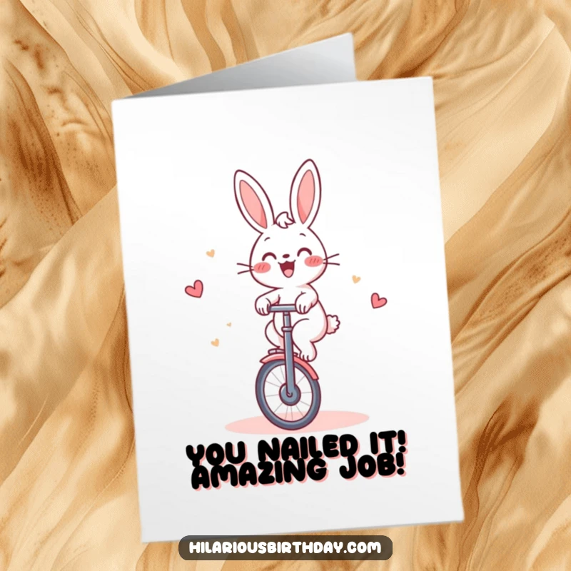 Funny Free Printable Congratulations Card: Cheerful rabbit gleefully riding a unicycle, symbolizing a hilarious achievement, cartoon art.