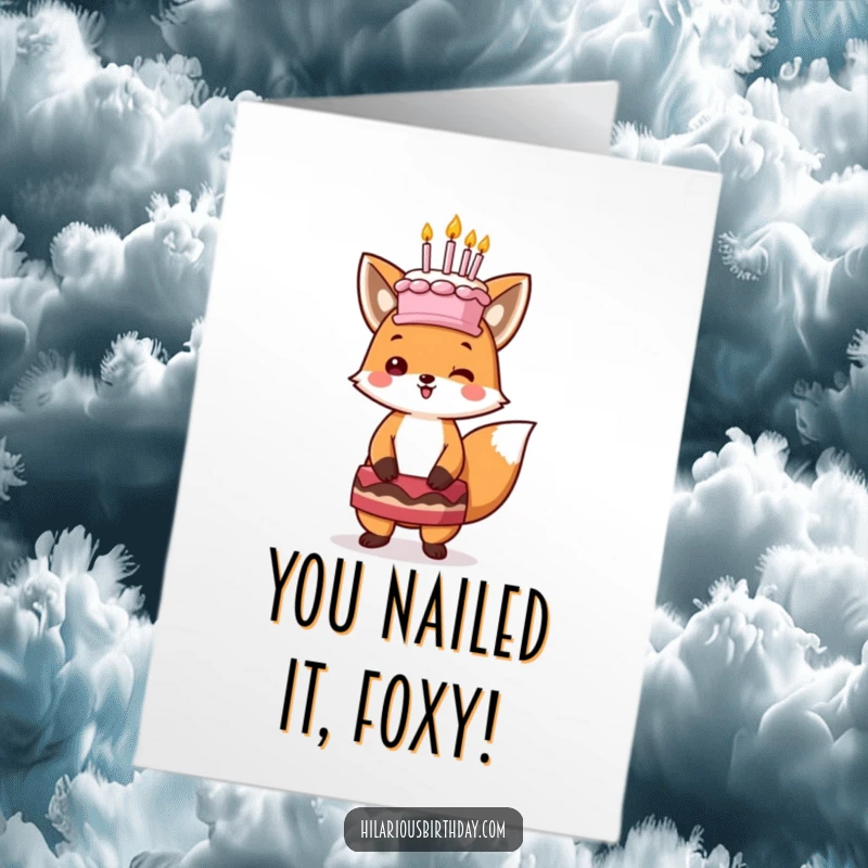 Funny Free Printable Congratulations Card: Happy Kawaii fox balancing a cake with candles, celebrating success with flair.