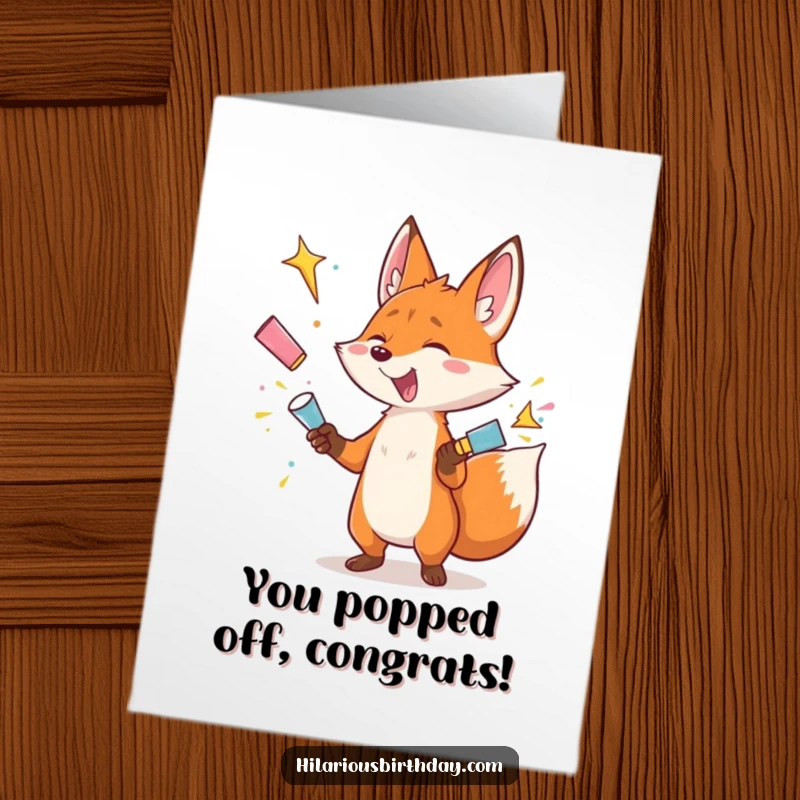 Funny Free Printable Congratulations Card: Fox character expertly juggling exploding party poppers, symbolizing a successful and celebratory moment.
