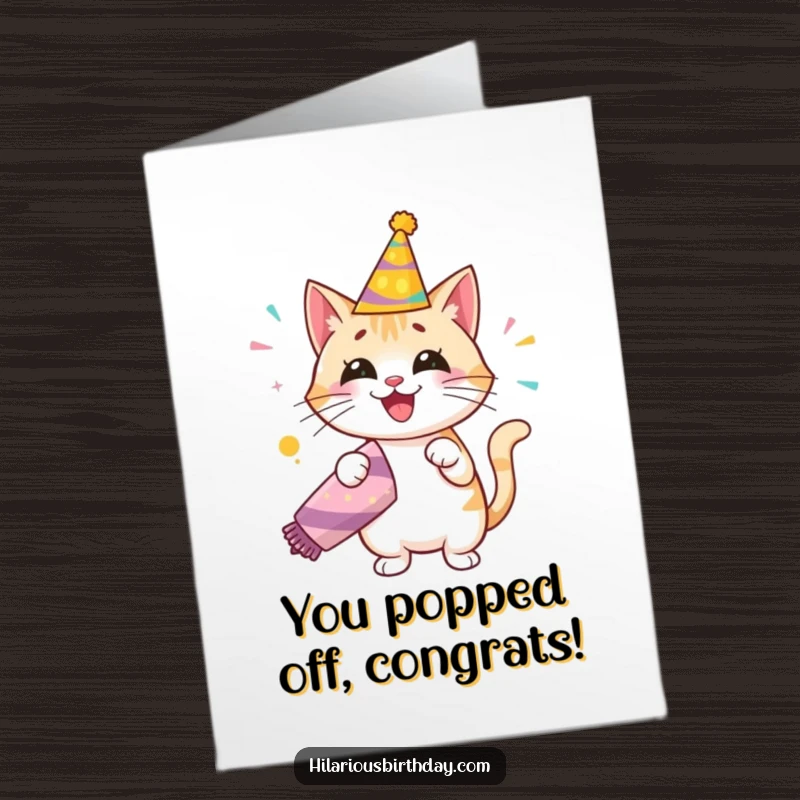 Funny Free Printable congratulations card of a happy cat in a festive hat, enthusiastically popping a giant party popper.