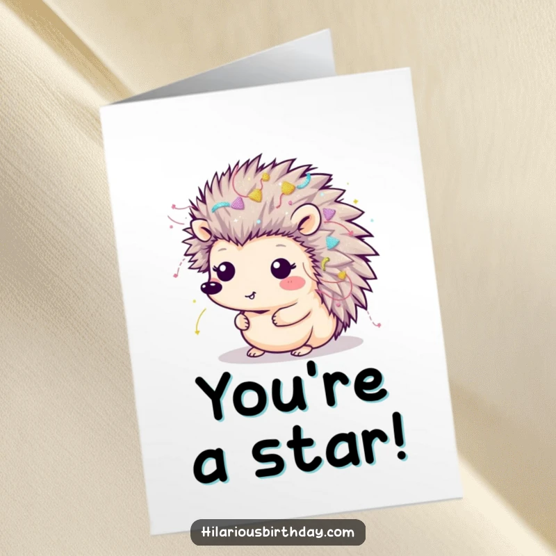 Funny Free Printable Congratulations Card: A happy Kawaii hedgehog adorned with streamers and glitter, celebrating success.