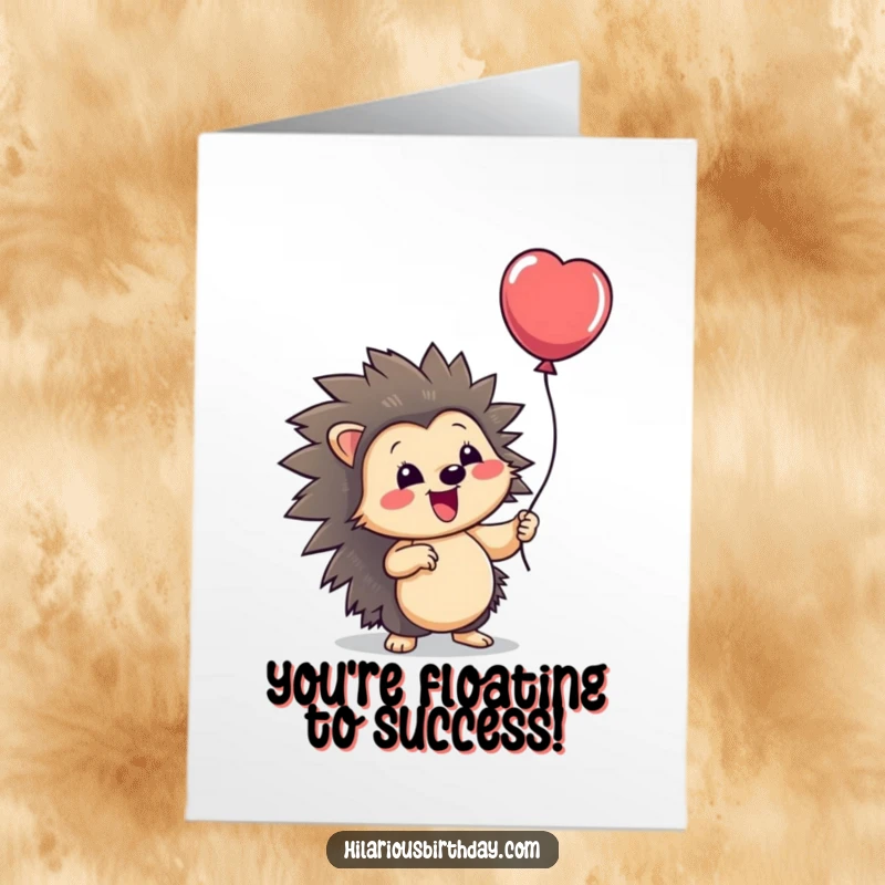 Funny Free Printable Congratulations Card: Happy hedgehog character holding a balloon, symbolizing uplifting news and happiness.