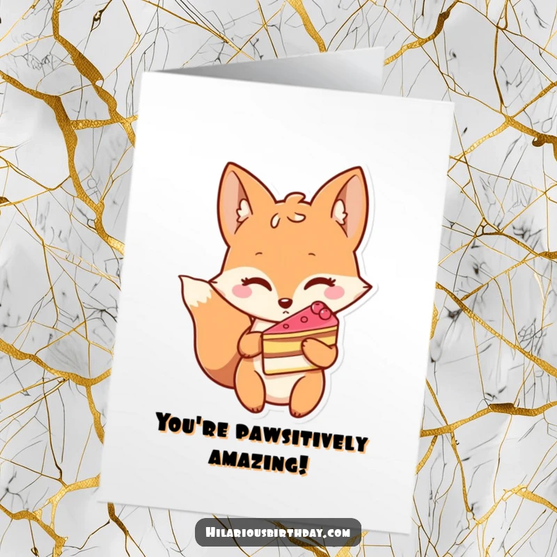 Funny Free Printable Fox Congratulations Card: A winking fox offers a slice of cake to celebrate your win.