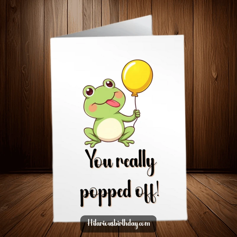 Funny Free Printable Congratulations Card: Cute kawaii frog character with its tongue out, expertly popping a festive balloon.
